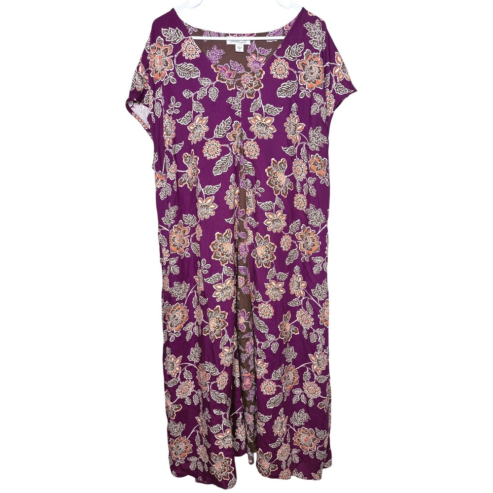 Coldwater Creek Women Floral Maxi Dress 1X Purple Brown Boho V-Neck Short Sleeve
